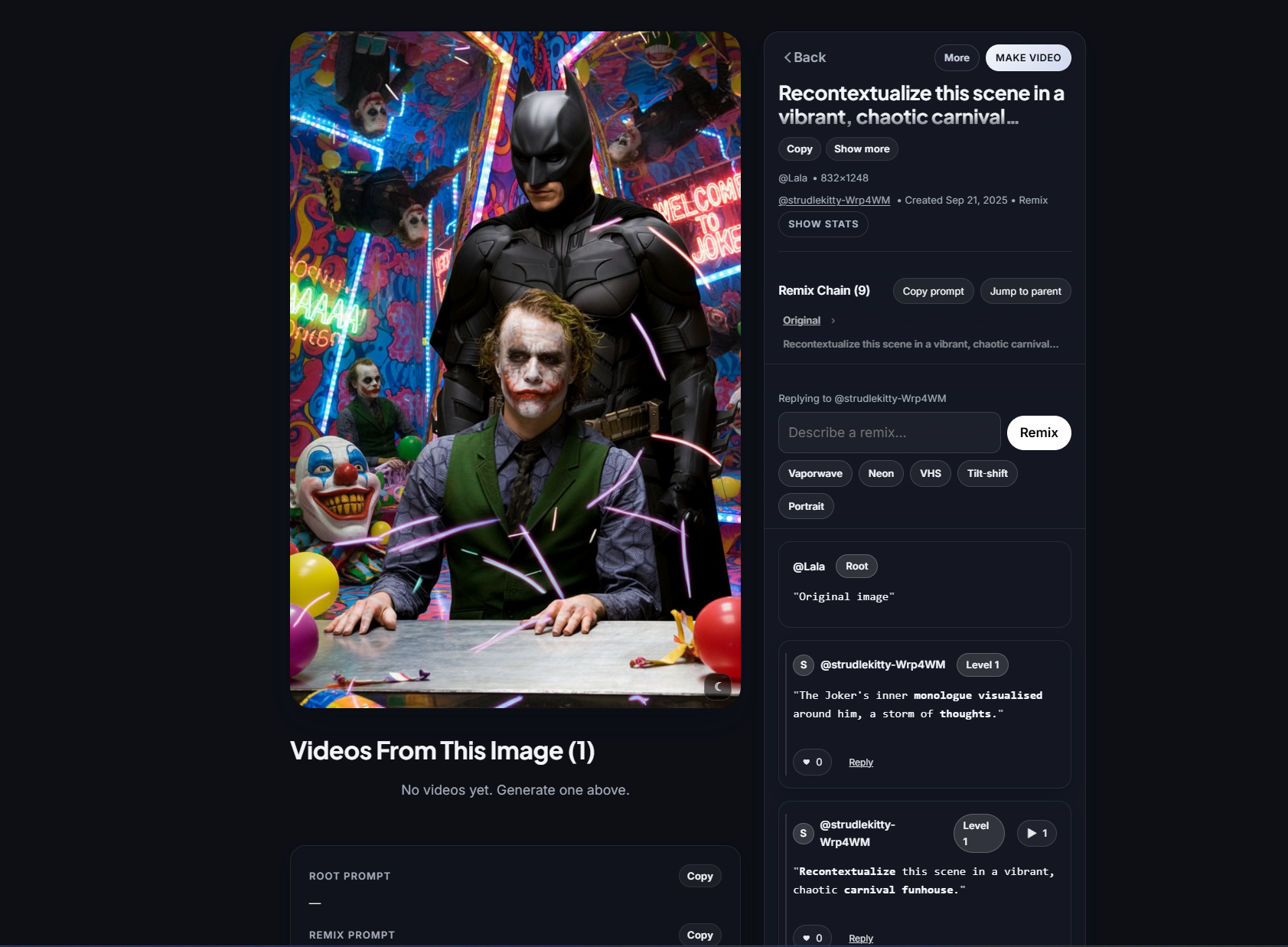 Remixed Batman and Joker scene reimagined inside a neon carnival funhouse.